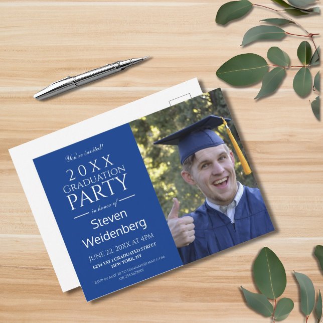 MODERN MALE BLUE 2025 GRADUATION PARTY INVITATION POSTCARD (MODERN BLUE PHOTO CLASS OF 2025 GRADUATION PARTY INVITATION POSTCARD)