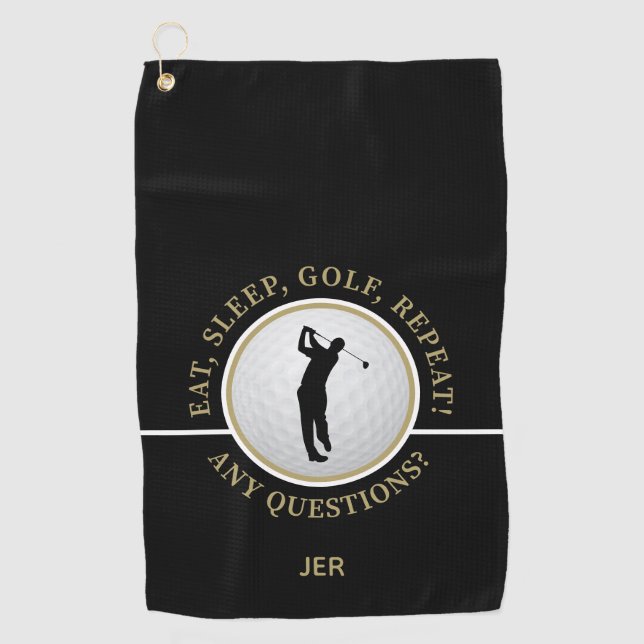 Modern Male Golfer Pro Golf Ball Quote Black Gold Golf Towel (Front)