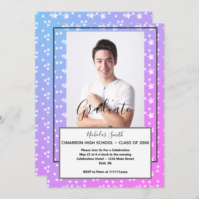 MODERN MALE GRAD BLUE STARS | GRADUATION PARTY INVITATION (Front/Back)