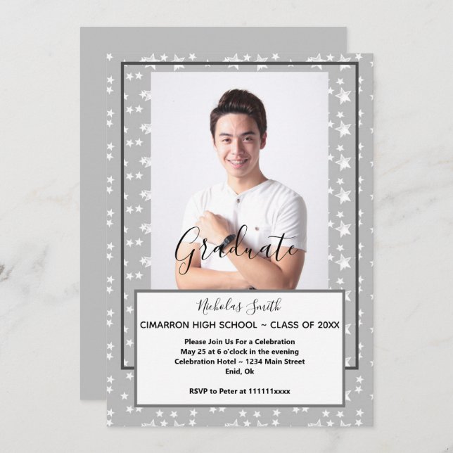 MODERN MALE GRAD GRAY STARS | GRADUATION PARTY INVITATION (Front/Back)