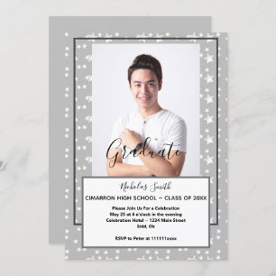 MODERN MALE GRAD GRAY STARS   GRADUATION PARTY INVITATION