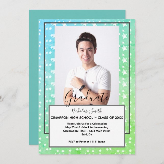 MODERN MALE GRAD GREEN STARS | GRADUATION PARTY INVITATION (Front/Back)