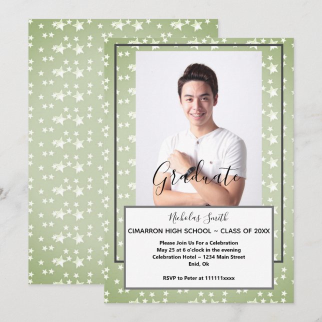 MODERN MALE GRAD GREEN STARS | GRADUATION PARTY INVITATION (Front/Back)