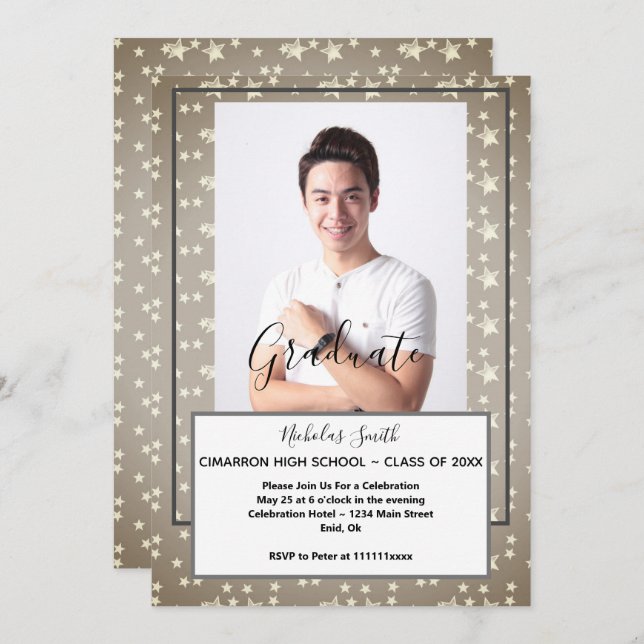 MODERN MALE GRAD GREY STARS | GRADUATION PARTY INVITATION (Front/Back)