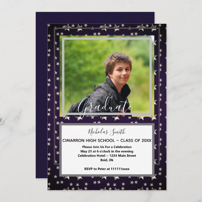 MODERN MALE GRAD STARS BLUE | GRADUATION PARTY INVITATION (Front/Back)
