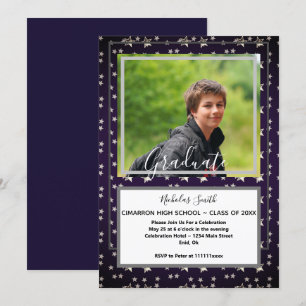MODERN MALE GRAD STARS BLUE GRADUATION PARTY INVITATION