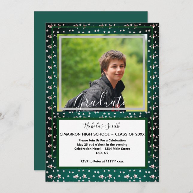 MODERN MALE GRAD STARS GREEN  | GRADUATION PARTY INVITATION (Front/Back)