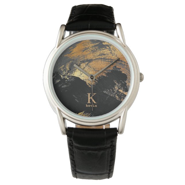Modern man monogram name black gold personalised watch (Front)