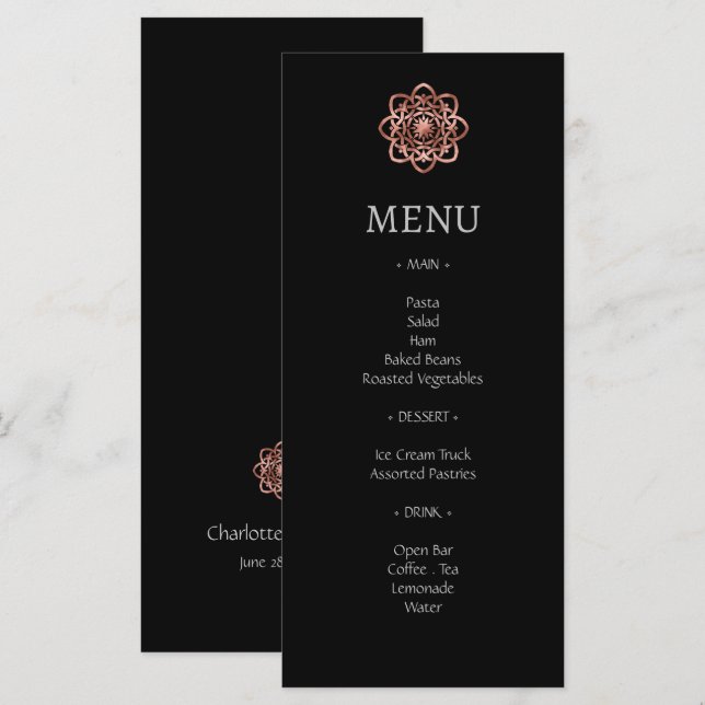 Modern Mandala Celtic Knot Rose Gold Wedding Menu (Front/Back)