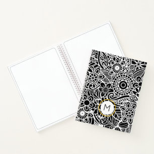 Modern Mandela Floral Black White INITIAL Chic Notebook