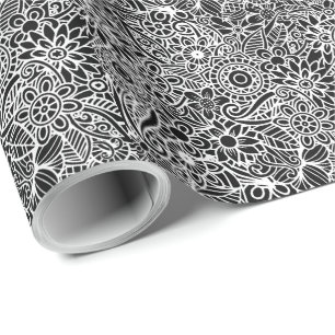 Modern Mandela Floral Black White Sophisticated Wrapping Paper