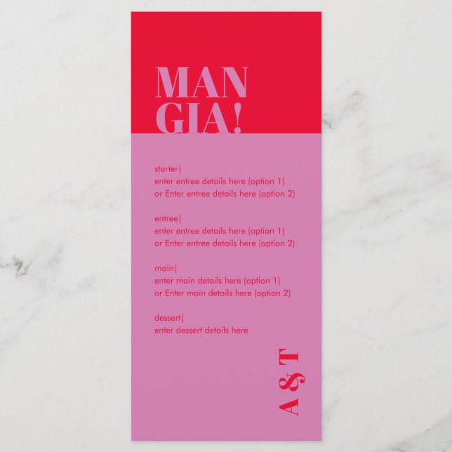 Modern Mangia Italian Pink Red Wedding Menu (Front)