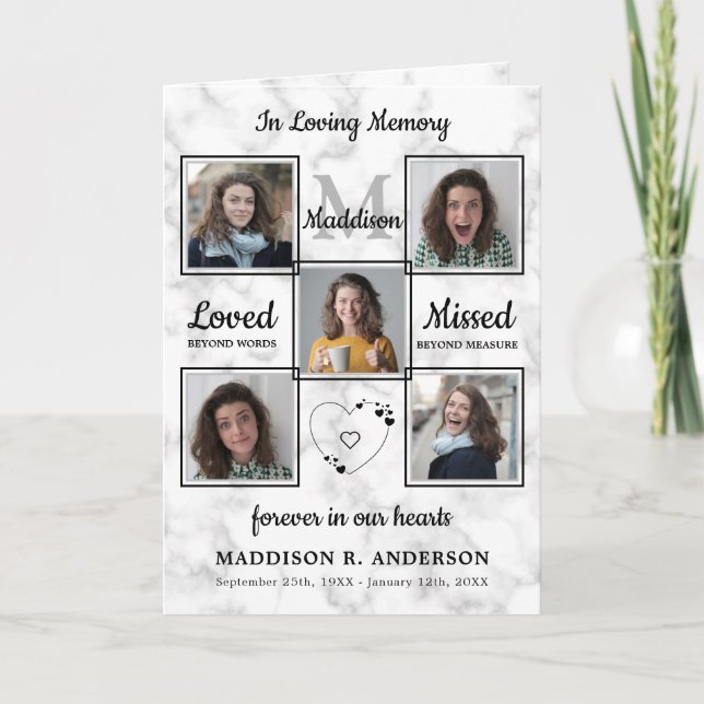 Modern Marble 5 Photo Collage Memorial Funeral Programme (Front)
