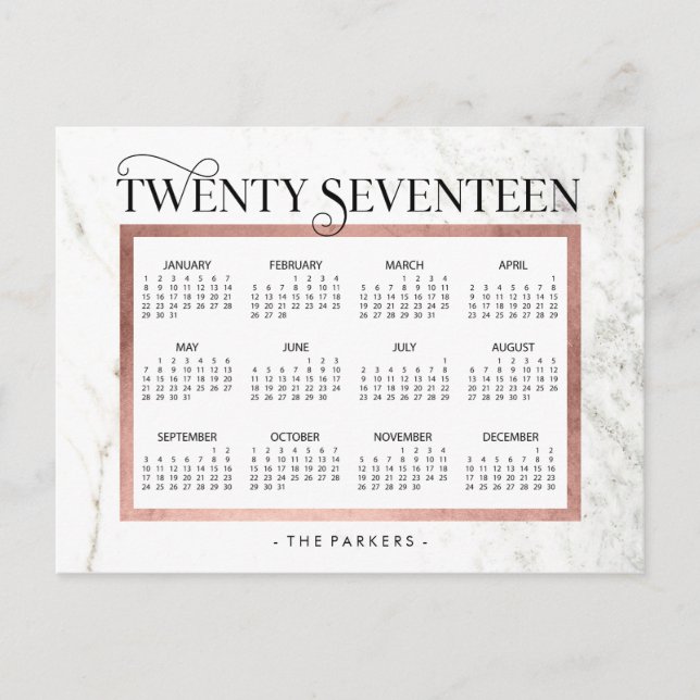 Modern Marble and Faux Rose Gold 2017 Calendar Holiday Postcard (Front)