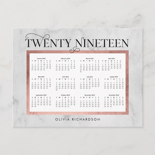 Modern Marble and Faux Rose Gold 2019 Calendar Holiday Postcard (Front)