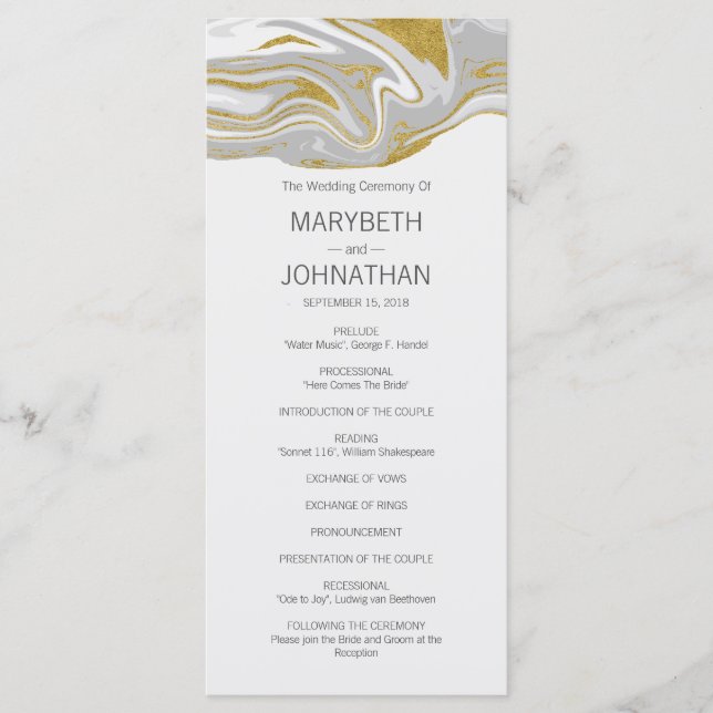 Modern Marble and Gold Wedding Program Card (Front)