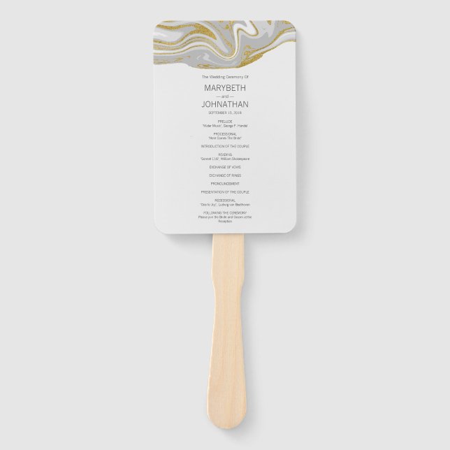Modern Marble and Gold Wedding Program Hand Fan (Front)