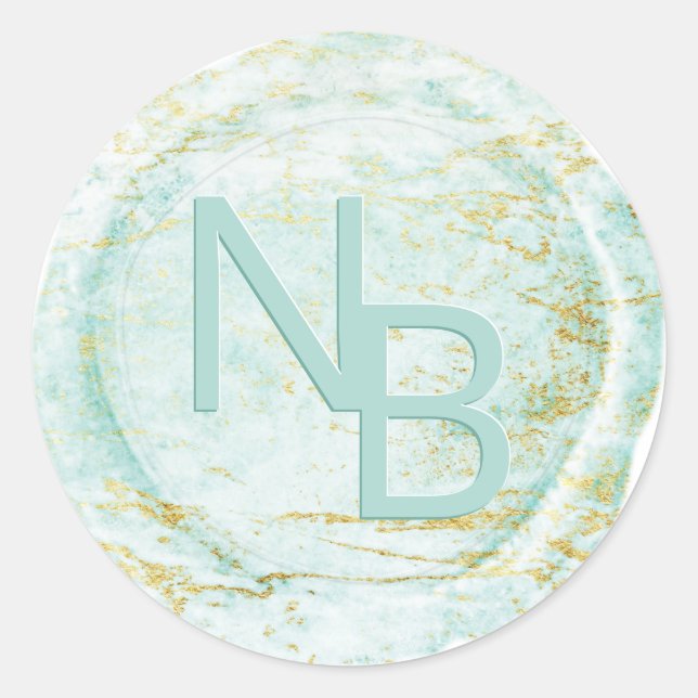 Modern Marble Aqua Monogrammed Wax Seal Sticker (Front)