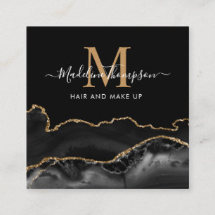Modern Marble Black Gold Photo QR Code Monogram Square Business Card