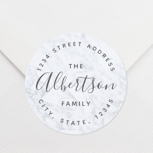Modern Marble Family Name Return Address Classic Round Sticker