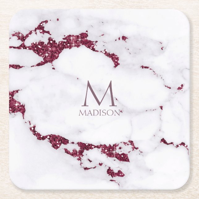 Modern Marble Glitter Monogram Burgundy ID816 Square Paper Coaster (Front)