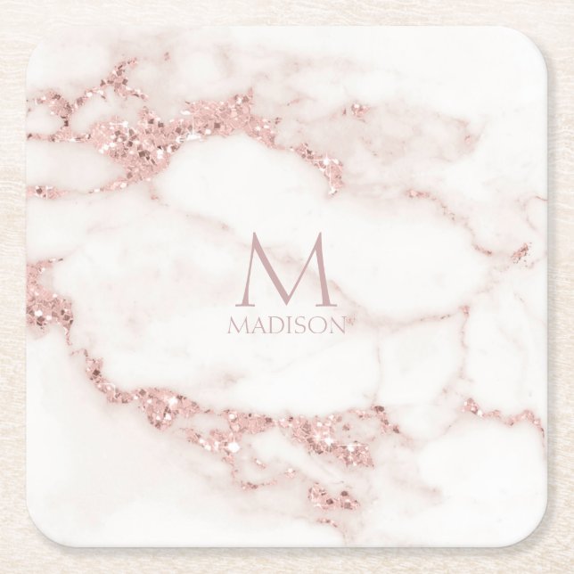 Modern Marble Glitter Monogram Rose Gold ID816 Square Paper Coaster (Front)