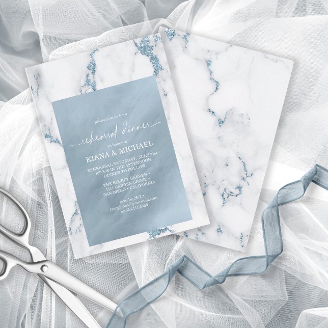 Modern Marble Glitter Rehearsal Dinner Blue ID816 Invitation (Front/Back In Situ)