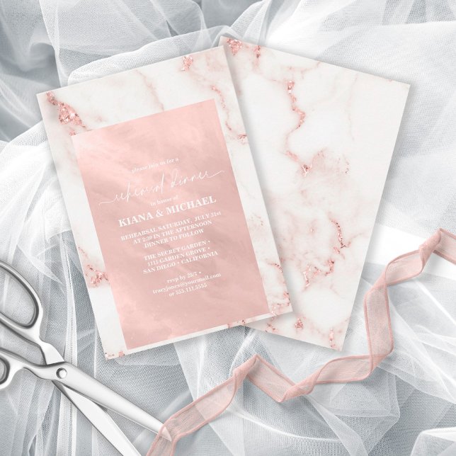 Modern Marble Glitter Rehearsal  Rose Gold ID816 Invitation (Front/Back In Situ)