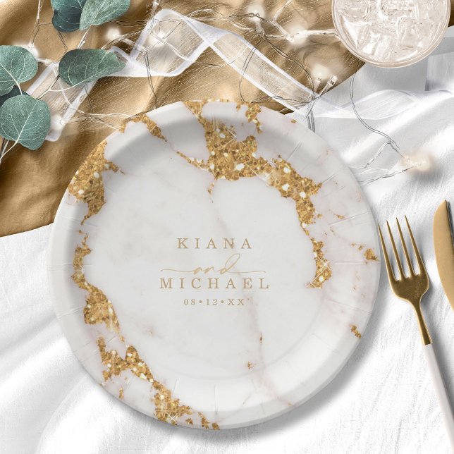 Modern Marble Glitter Wedding Gold ID816 Paper Plate (Creator Uploaded)