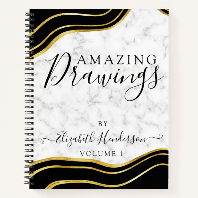 Modern Marble Gold Black Drawing Sketchbook Girly  Notebook (Front)