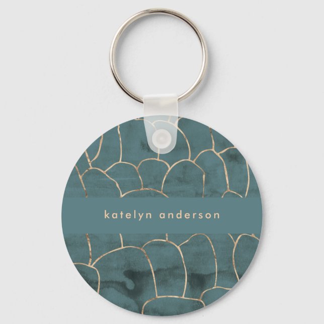 Modern Marble Gold Gemstone Teal Interior Designer Key Ring (Front)