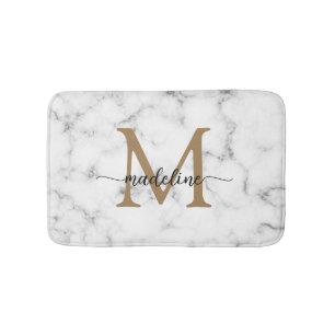 Modern Marble Gold Girly Script Monogram Bath Mat