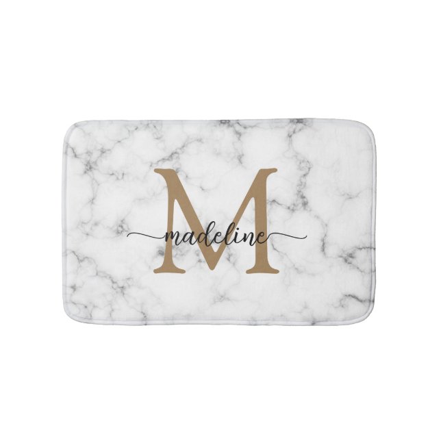 Modern Marble Gold Girly Script Monogram Bath Mat (Front)