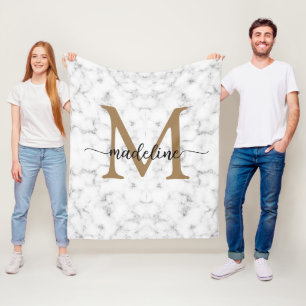 Modern Marble Gold Girly Script Monogram Fleece Blanket