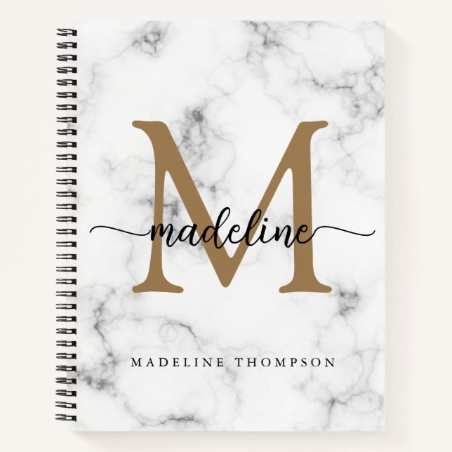 Modern Marble Gold Girly Script Monogram Notebook (Front)