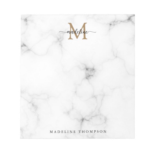 Modern Marble Gold Girly Script Monogram Notepad (Front)