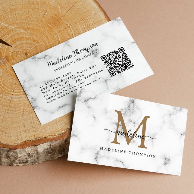 Modern Marble Gold Girly Script Monogram QR Code Business Card (Creator Uploaded)