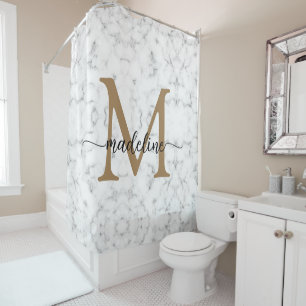 Modern Marble Gold Girly Script Monogram Shower Curtain
