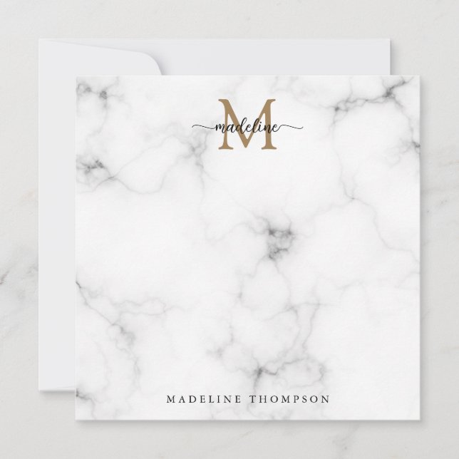 Modern Marble Gold Girly Script Monogram Square Card (Front)
