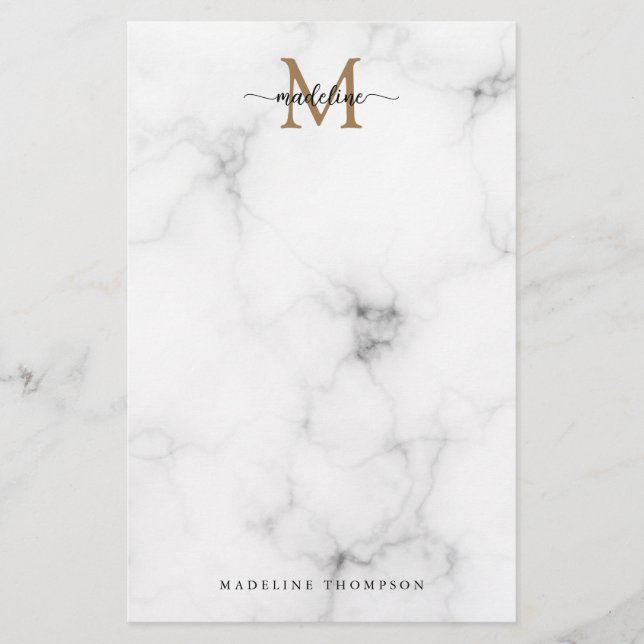 Modern Marble Gold Girly Script Monogram Stationery (Front)