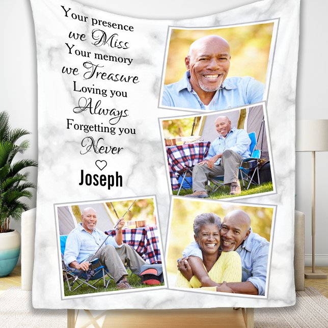 Modern Marble Memorial Remembrance Photo Collage Fleece Blanket (Creator Uploaded)