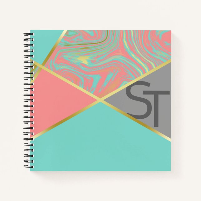 Modern Marble Mint Coral Pastel Gold Monogram Notebook (Front)