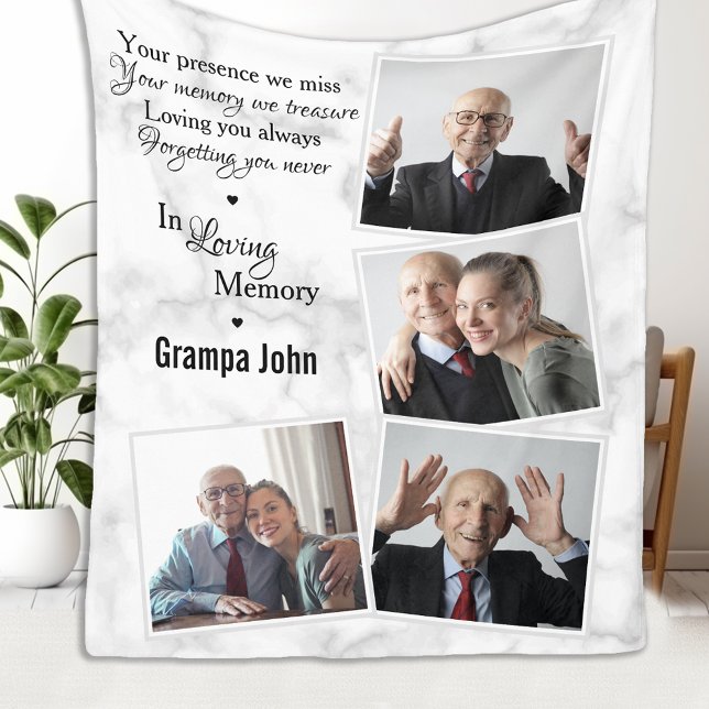 Modern Marble Photo Collage Remembrance Memorial Fleece Blanket (Creator Uploaded)