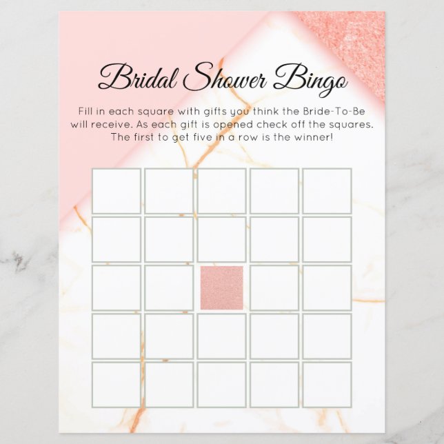 Modern Marble Pink and Gold Bridal Bingo (Front)