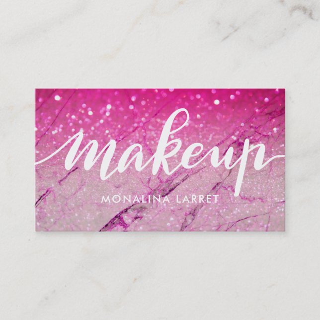 Modern Marble Pink Glitter Pattern Makeup Script Business Card (Front)