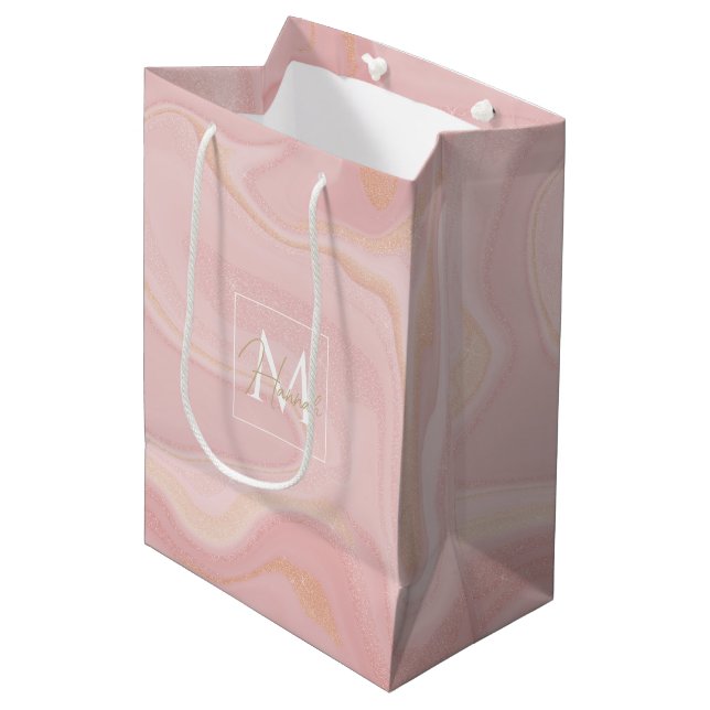 Modern Marble Pink Gold Glitter Background Medium Gift Bag (Front Angled)
