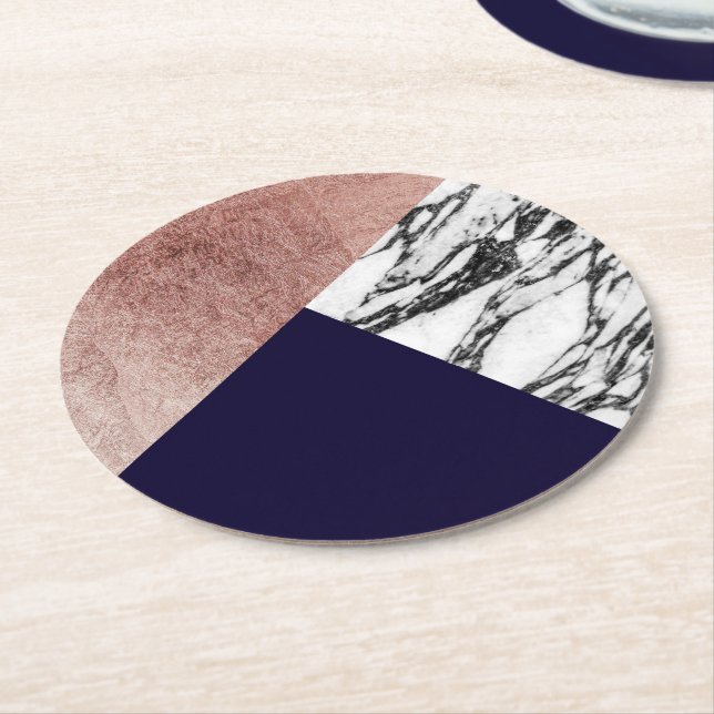 Modern Marble Rose Gold and Navy Blue Tricut Geo Round Paper Coaster (Angled)