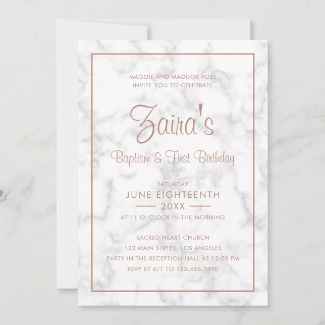 Modern Marble Rose Gold Baptism First Birthday Invitation (Front)