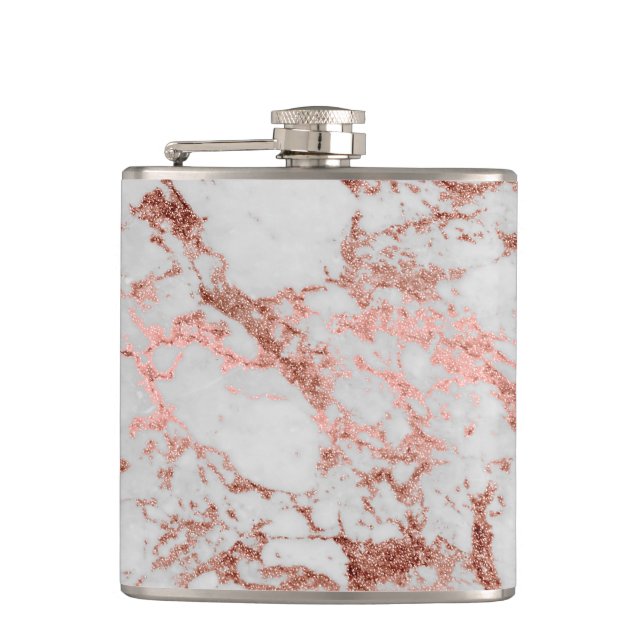 Modern Marble Rose Gold Glitter Hip Flask (Front)