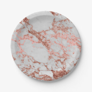 Modern Marble Rose Gold Glitter Paper Plate